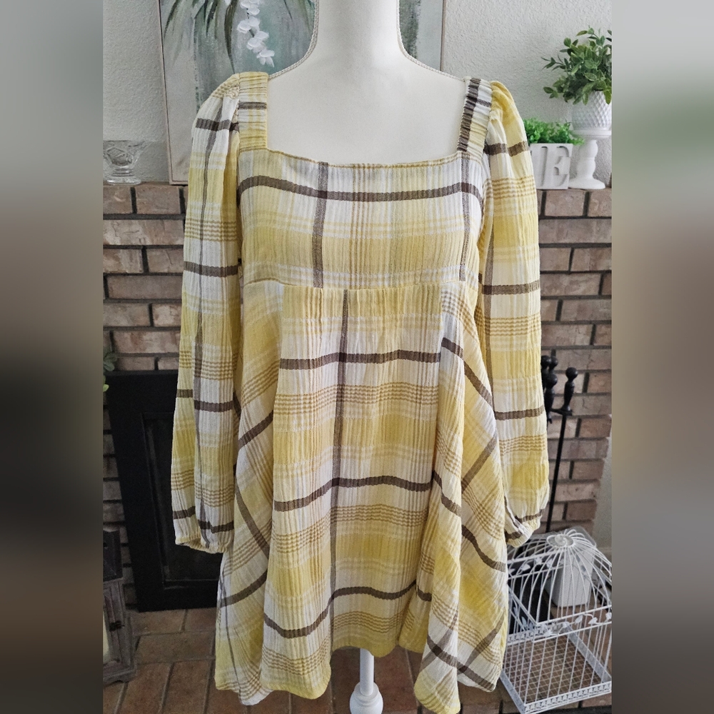 Yellow Plaid Long Sleeve Baby Doll Mini Dress